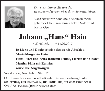 Traueranzeige von Johann Hain von Trauerportal Rhein Main Presse