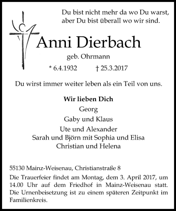 Traueranzeige von Anni Dierbach von Trauerportal Rhein Main Presse