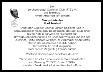 Traueranzeige von Horst Reinhart von Trauerportal Rhein Main Presse