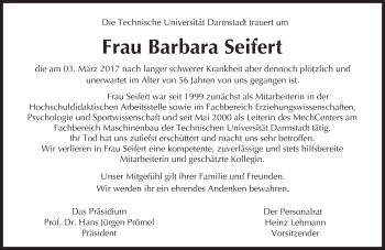 Traueranzeige von Barbara Seifert von Trauerportal Echo Online