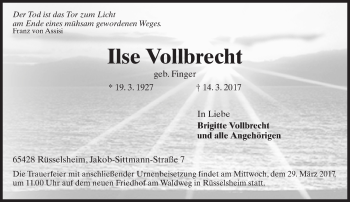 Traueranzeige von Ilse Vollbrecht von Trauerportal Rhein Main Presse