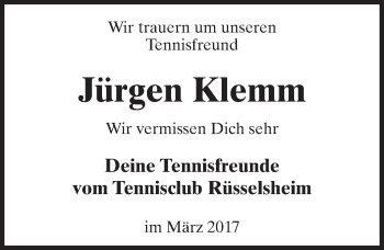 Traueranzeige von Jürgen Klemm von Trauerportal Rhein Main Presse
