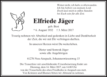 Traueranzeige von Elfriede Jäger von  Usinger Anzeiger Traueranzeige von Elfriede Jäger von  Usinger Anzeiger