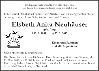Traueranzeige von Elsbeth Anita Neuhäuser von Trauerportal Rhein Main Presse