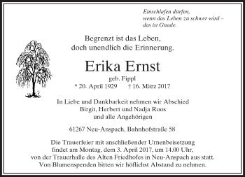 Traueranzeige von Erika Ernst von  Usinger Anzeiger Traueranzeige von Erika Ernst von  Usinger Anzeiger