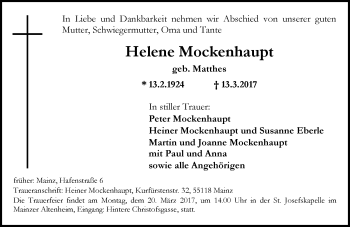 Traueranzeige von Helene Mockenhaupt von Trauerportal Rhein Main Presse