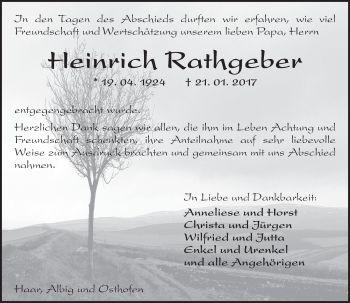 Traueranzeige von Heinrich Rathgeber von Trauerportal Rhein Main Presse