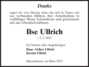 Traueranzeige von Ilse Ullrich von Trauerportal Rhein Main Presse