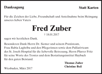 Traueranzeige von Fred Zuber von Trauerportal Rhein Main Presse