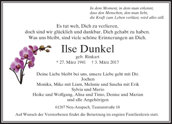 Traueranzeige von Ilse Dunkel von  Usinger Anzeiger Traueranzeige von Ilse Dunkel von  Usinger Anzeiger