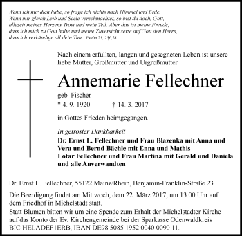 Traueranzeige von Annemarie Fellechner von Trauerportal Echo Online