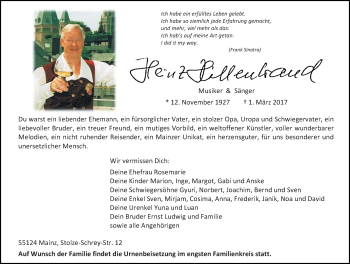 Traueranzeige von Heinz Hillenbrand von Trauerportal Rhein Main Presse
