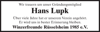 Traueranzeige von Hans Lupk von Trauerportal Rhein Main Presse