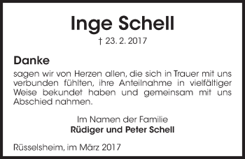 Traueranzeige von Inge Schell von Trauerportal Rhein Main Presse