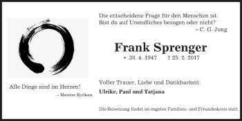 Traueranzeige von Frank Sprenger von Trauerportal Echo Online
