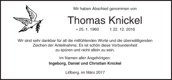 Traueranzeige von Thomas Knickel von  Kreisanzeiger