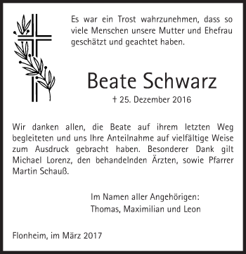 Traueranzeige von Beate Schwarz von Trauerportal Rhein Main Presse