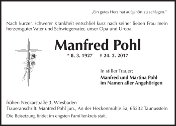 Traueranzeige von Manfred Pohl von Trauerportal Rhein Main Presse