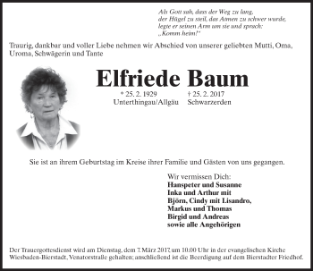 Traueranzeige von Elfriede Baum von Trauerportal Rhein Main Presse