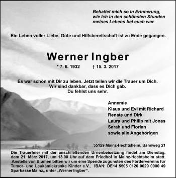 Traueranzeige von Werner Ingber von Trauerportal Rhein Main Presse