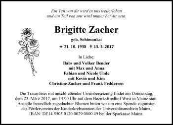 Traueranzeige von Brigitte Zacher von Trauerportal Rhein Main Presse