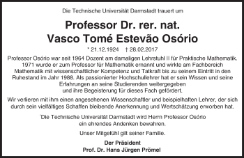 Traueranzeige von Vasco Tomé Estevão Osório von Trauerportal Echo Online