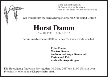 Traueranzeige von Horst Damm von Trauerportal Rhein Main Presse
