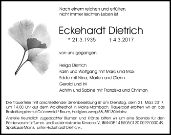 Traueranzeige von Eckehardt Dietrich von Trauerportal Rhein Main Presse