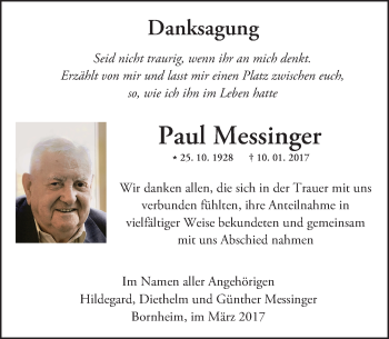 Traueranzeige von Paul Messinger von Trauerportal Rhein Main Presse