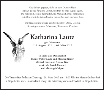 Traueranzeige von Katharina Lautz von Trauerportal Rhein Main Presse
