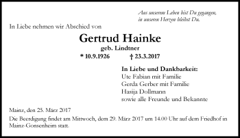 Traueranzeige von Gertrud Hainke von Trauerportal Rhein Main Presse
