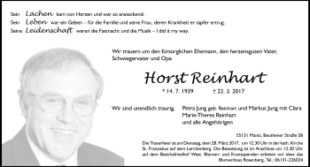 Traueranzeige von Horst Reinhart von Trauerportal Rhein Main Presse