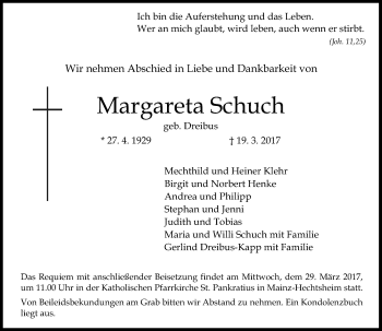 Traueranzeige von Margareta Schuch von Trauerportal Rhein Main Presse