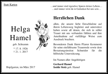 Traueranzeige von Helga Hamel von VRM Trauer