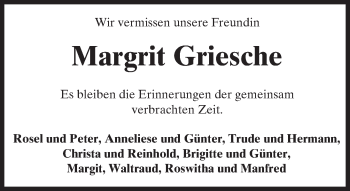 Traueranzeige von Margrit Griesche von  Usinger Anzeiger