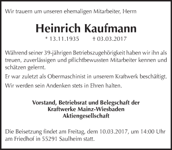 Traueranzeige von Heinrich Kaufmann von Trauerportal Rhein Main Presse