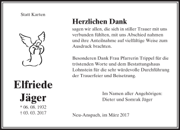 Traueranzeige von Elfriede Jäger von  Usinger Anzeiger Traueranzeige von Elfriede Jäger von  Usinger Anzeiger