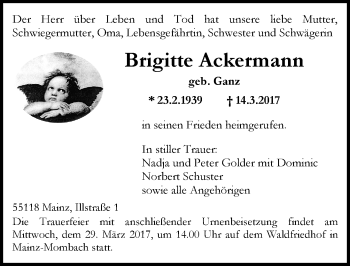 Traueranzeige von Brigitte Ackermann von Trauerportal Rhein Main Presse