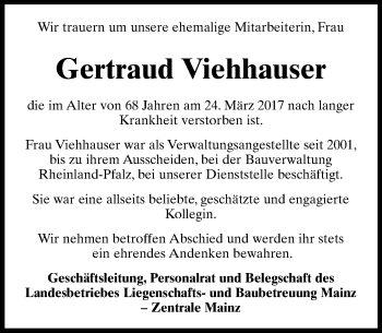 Traueranzeige von Gertraud Viehhauser von Trauerportal Rhein Main Presse