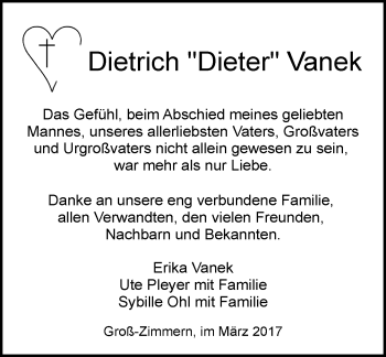 Traueranzeige von Dietrich Dieter Vanek von Trauerportal Echo Online