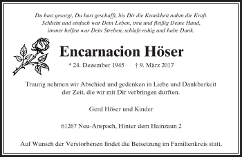 Traueranzeige von Encarnacion Höser von  Usinger Anzeiger Traueranzeige von Encarnacion Höser von  Usinger Anzeiger