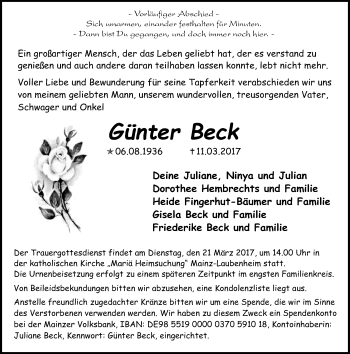 Traueranzeige von Günter Beck von Trauerportal Rhein Main Presse