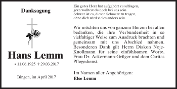 Traueranzeige von Hans Lemm von Trauerportal Rhein Main Presse