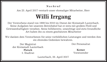 Traueranzeige von Willi Irrgang von VRM Trauer