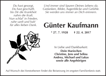Traueranzeige von Günter Kaufmann von  Kreisanzeiger