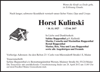 Traueranzeige von Horst Kulinski von Trauerportal Rhein Main Presse