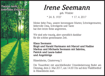 Traueranzeige von Irene Seemann von Trauerportal Rhein Main Presse