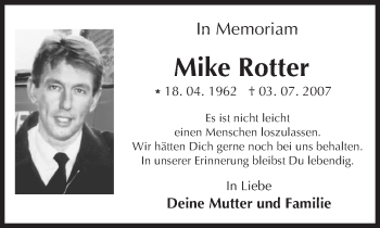 Traueranzeige von Mike Rotter von Trauerportal Rhein Main Presse