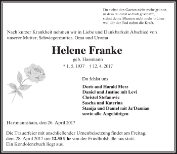 Traueranzeige von Helene Franke von VRM Trauer