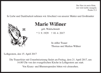 Traueranzeige von Marie Wißner von  Gießener Anzeiger